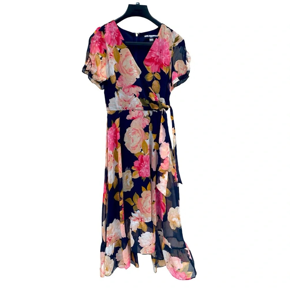 Karl Lagerfeld Paris Floral Chiffon Midi Wrap Dress Size 2 - Picture 2 of 15